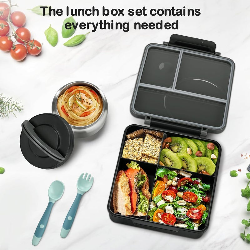 Howeemo Bento Lunch Box Set for Kids with 8oz Soup Thermo, Leak-Proof Lunch Containers with 4 Compartment, Kids Thermo Hot Food Jar and Insulated Lunch Bag for Kid to School-Black - Image 3